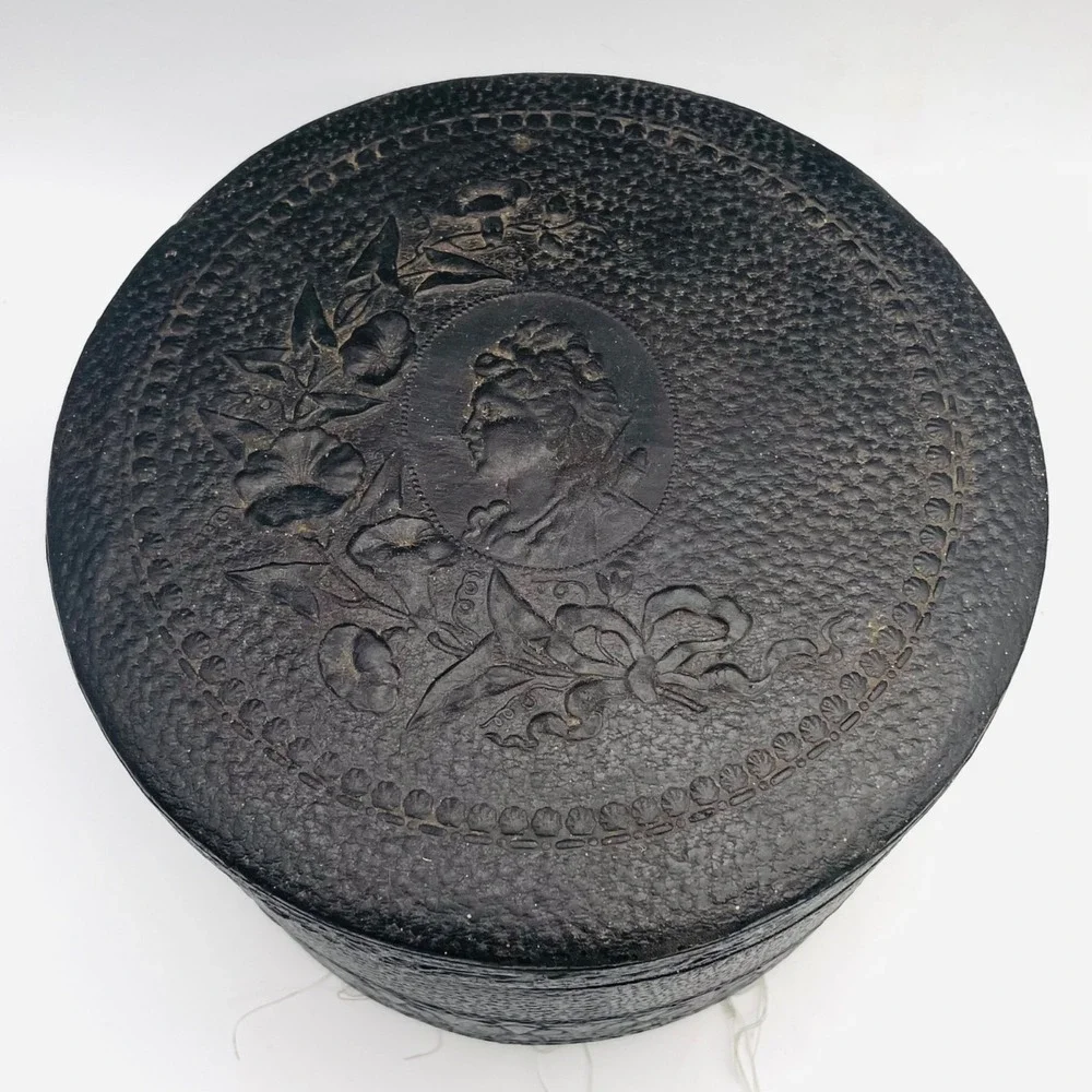 Antique Round Leather Collar Box Embossed Cameo Portrait Black